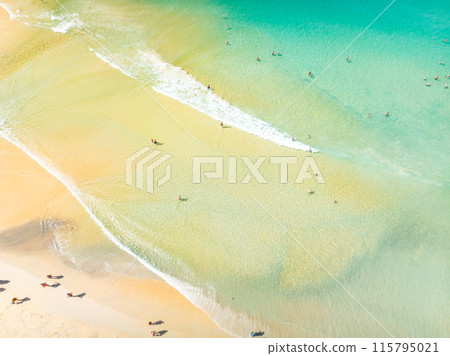 Aerial view sandy beach and waves crashing on sandy shore, Beautiful tropical sea in the morning summer season image by Aerial view drone shot, high angle view Top down 115795021