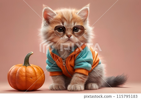 Cute cat in sunglasses with pumpkin, isolated on orange background Cute cat in sunglasses with pumpkin, isolated on orange background 115795183
