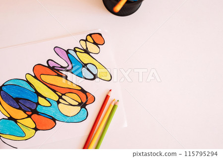 Neurographic drawing colored with colored pencils on white paper 115795294