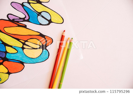 Neurographic drawing colored with colored pencils on white paper Neurographic drawing colored with colored pencils on white paper 115795296