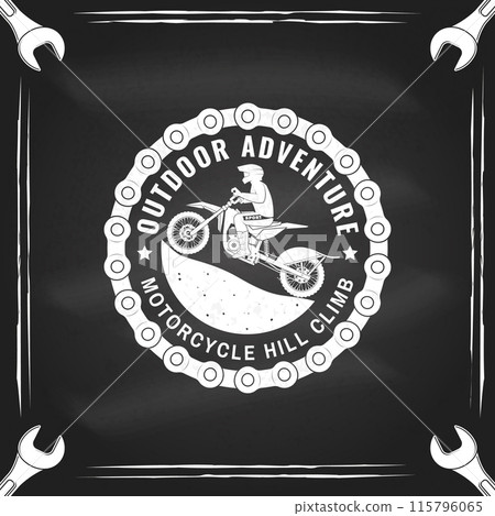Motorcycle hill climb logo, badge, sticker on the chalkboard. Vector. Extreme sport with motorbike for extreme jump and race in mountains. Monochrome style man riding in helmet on a motorcycle Motorcycle hill climb logo, badge, sticker on the chalkboard. Vector. Extreme sport with motorbike for extreme jump and race in mountains. Monochrome style man riding in helmet on a motorcycle 115796065