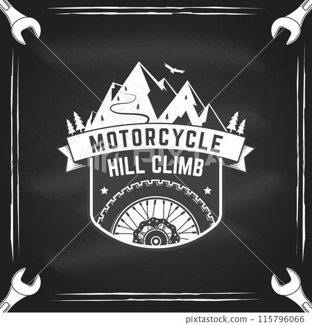Motorcycle hill climb logo, badge, sticker on the chalkboard. Vector. Extreme sport with motorcycle wheel and mountains. Monochrome style motorcycle wheel with mountains 115796066