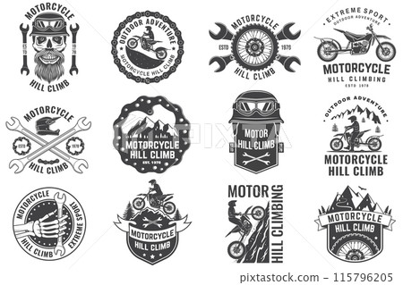 Set of motorcycle hill climb logos, badges, stickers. Vector. Extreme sport with motorcycle helmet, skull, glasses, bike, mountain and wrenches. Monochrome style 115796205