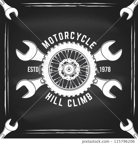 Motorcycle hill climb logo, badge, sticker on the chalkboard. Vector illustration. Extreme sport with motorcycle wheel and wrenches. Monochrome style motorcycle wheel and wrenches 115796206