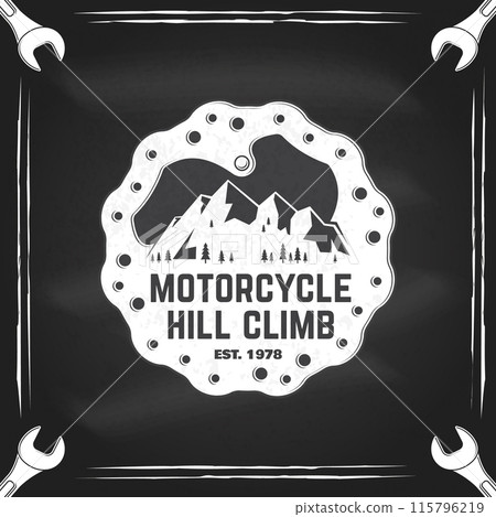 Motorcycle hill climb logo, badge, sticker on the chalkboard. Vector illustration. Extreme sport with brake disc in mountains. Monochrome style brake disc with mountains 115796219