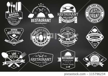 Set of Restaurant logo on the chalkboard. Vector. Vintage graphic design for logotype, label, badge with plate, steak, cloche with lid, fork and knife. Cooking, cuisine logo for menu restaurant or Set of Restaurant logo on the chalkboard. Vector. Vintage graphic design for logotype, label, badge with plate, steak, cloche with lid, fork and knife. Cooking, cuisine logo for menu restaurant or 115796234