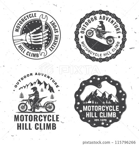 Set of motorcycle hill climb logos, badges, stickers. Vector. Extreme sport with motorbike for extreme jump and race in mountains, human skeleton hand holding wrench, man riding on a motorcycle. 115796266
