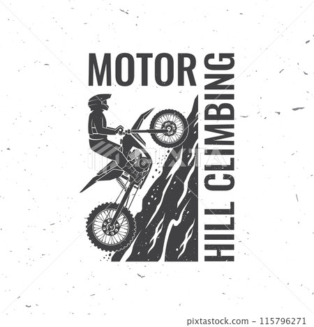 Motorcycle hill climb logo, badge, sticker. Vector. Extreme sport with motorbike for extreme jump and race in mountains. Monochrome style. 115796271