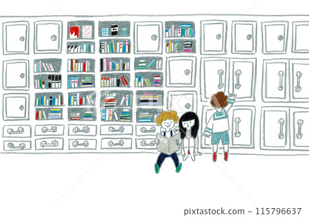 手繪插畫：坐在書架前讀書 115796637