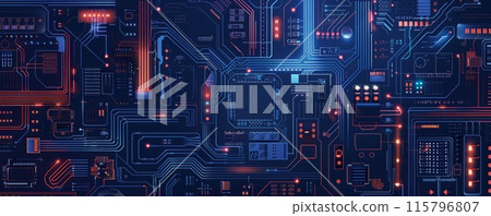 Top view of inner system of highly powerful technology with microchips 115796807
