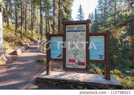 Banff, Alberta, Canada - September 30 2020 : Entrance sign of Johnston Canyon. 115796821