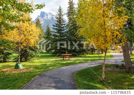 Town of Banff Central Park Bow River Trail in autumn day. Banff National Park, Canadian Rockies, Alberta, Canada. 115796835