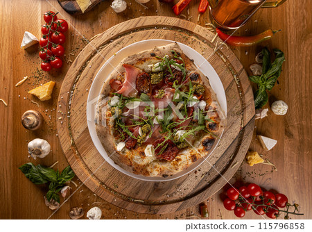 Pizza mortadella with mozzarella cheese 115796858