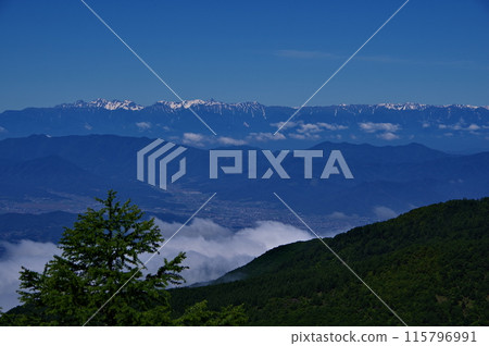 The Northern Alps mountains, including Mount Hotaka and Mount Yari, as seen from Mount Takamine in the Asama mountain range. 115796991