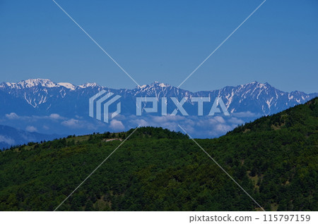 The Northern Alps mountains, including Mt. Kashima-Yari, and Ikenodaira Marshland, seen from Mt. Takamine in the Asama mountain range. 115797159