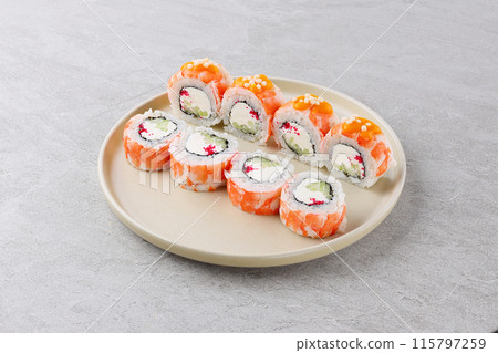 Philadelphia roll sushi with salmon, prawn, avocado, cream cheese. Sushi menu. Japanese food. 115797259
