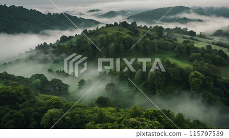 Lush green landscape shrouded in mist 115797589