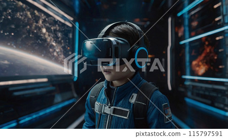 Metaverse and kid concept, child using virtual reality headset in space adventure game 115797591