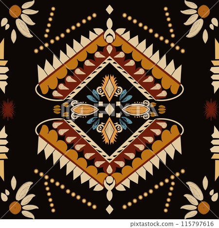 Arabian ethnic tribal fabric patterns, featuring delicate floral watermarks in ethnic light tones that stand out beautifully against a black background. These designs enhance any fabric, ethnicity Arabian ethnic tribal fabric patterns, featuring delicate floral watermarks in ethnic light tones that stand out beautifully against a black background. These designs enhance any fabric, ethnicity 115797616