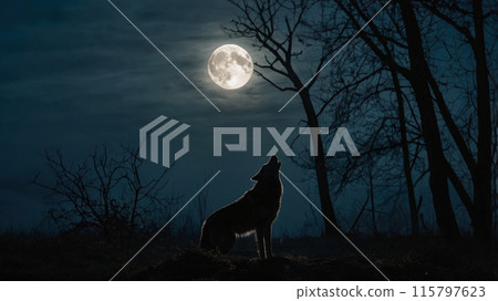 Silhouette of a howling wolf against a dark background of fog and full moon 115797623