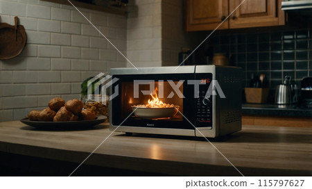 burning microwave in the kitchen table 115797627