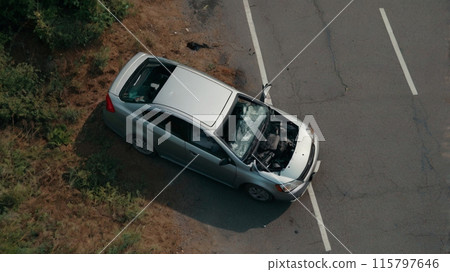 High angle view of a dangerous car crash incident on the road, top view collision 115797646
