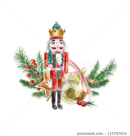 Nutcracker, golden ball, fir branches, berries. Hand drawn watercolor illustration isolated on white background. For Christmas and New Year cards, invitations, banners, posters, brochures. 115797655