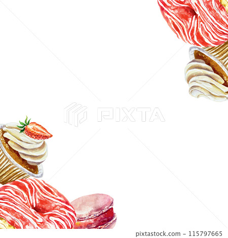 Cakes frame watercolor. Donut, strawberry muffin, macaron. Vector illustration. Template for cafe menu, birthday cards, invitations, labels, banners. Cakes frame watercolor. Donut, strawberry muffin, macaron. Vector illustration. Template for cafe menu, birthday cards, invitations, labels, banners. 115797665