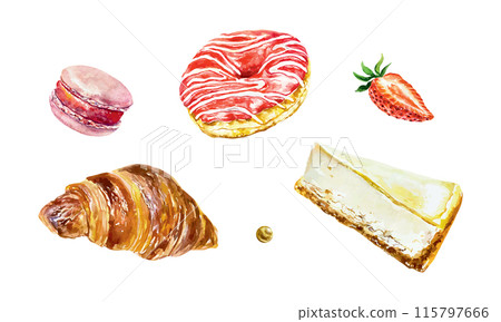 Cakes set watercolor. Donut, croissant, macaron, cheesecake. Vector illustration. Cafe, bakery, confectionery menu design, cards, invitations, banners 115797666