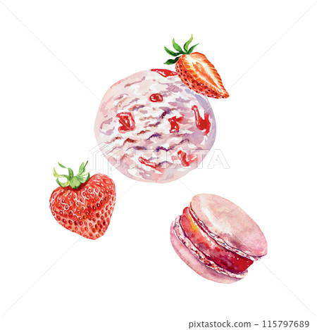 Macaroni and strawberries, ice cream, watercolor. Vector. For cards, invitations, menus for cafes, bakeries, confectioneries, posters, large banners. Macaroni and strawberries, ice cream, watercolor. Vector. For cards, invitations, menus for cafes, bakeries, confectioneries, posters, large banners. 115797689