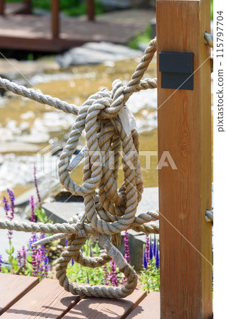 A rope tied to a wooden pole on a pier. 115797704