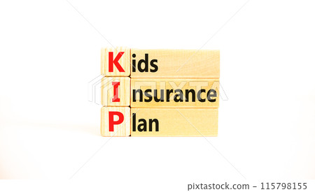 KIP kids insurance plan symbol. Concept words KIP kids insurance plan on beautiful wooden blocks. Beautiful white background. Business KIP kids insurance plan concept. Copy space. 115798155