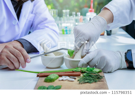 The scientist or doctor make herbal medicine from herb in the laboratory on the table. Herb medicine with herbal the organic natural in the laboratory. 115798351