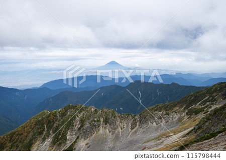 Mount Fuji as seen from the hiking trail connecting Mount Ainodake and Mount Nakashirane, Minami-Alps City, Yamanashi Prefecture Mount Fuji as seen from the hiking trail connecting Mount Ainodake and Mount Nakashirane, Minami-Alps City, Yamanashi Prefecture 115798444