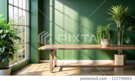 The room features green walls, a wooden table, and potted plants 115799065