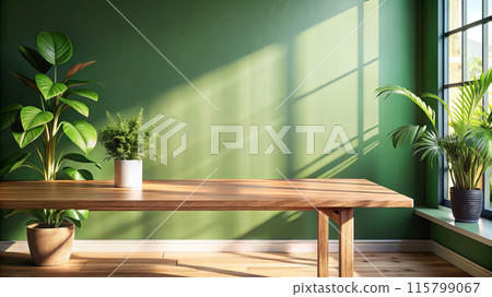 Wooden table against a background of a green wall with sun rays. An ideal banner for advertising products. Mockup Wooden table against a background of a green wall with sun rays. An ideal banner for advertising products. Mockup 115799067