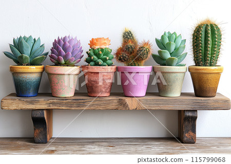 Different types of cactuses on wooden shelf 115799068