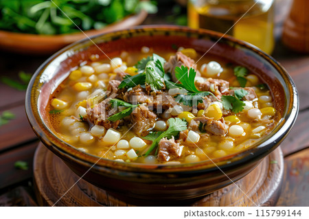 Pozole traditional Mexican thick soup with corn and meat 115799144