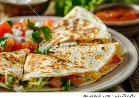 Mexican quesadilla with vegetables and sauce 115799146
