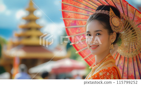 Beautiful asian woman in traditional dress with umbrella and temple background Beautiful asian woman in traditional dress with umbrella and temple background 115799252
