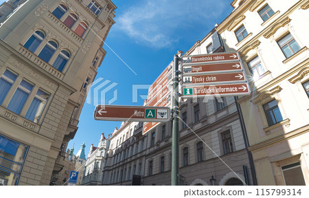 Brown tourist signs providing directions to popular attractions in Prague, Czech Republic, on a sunny day Brown tourist signs providing directions to popular attractions in Prague, Czech Republic, on a sunny day 115799314