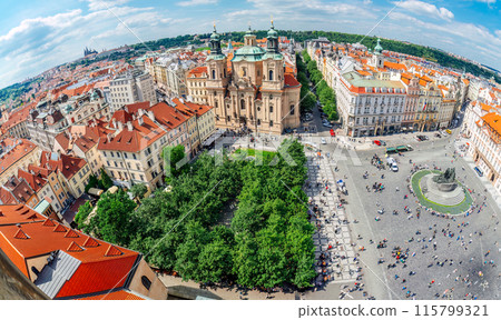 Fisheye view from above of people walking in a Old Town Square in Prague, Czech Republic Fisheye view from above of people walking in a Old Town Square in Prague, Czech Republic 115799321