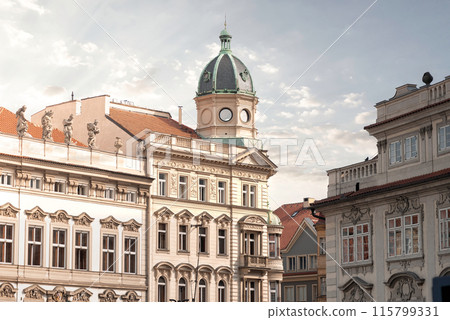 Elegant classical buildings are standing on a square in the city center of Prague, Czech Republic Elegant classical buildings are standing on a square in the city center of Prague, Czech Republic 115799331