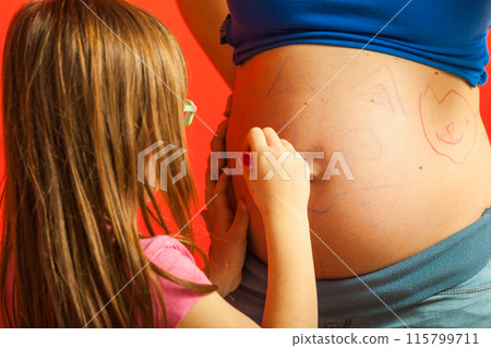 Toddler girl drawing on mother pregnant belly 115799711