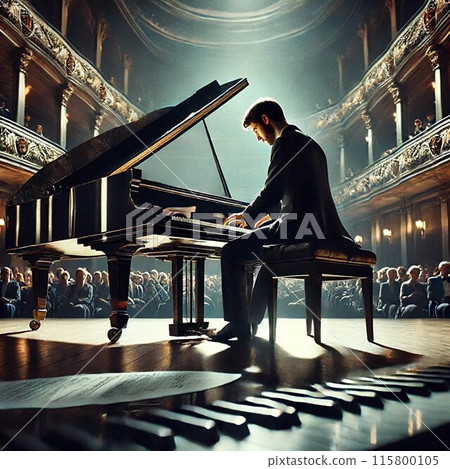 男鋼琴家在音樂會場地演奏 男鋼琴家在音樂會場地演奏 115800105