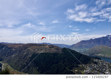 A view of Queenstown in New Zealand from the top of a mountain in 2023 115800297