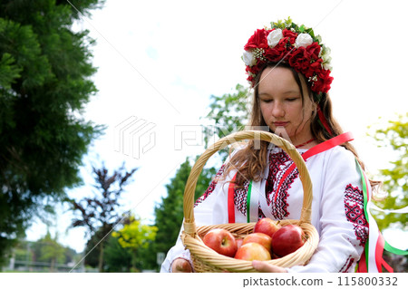 Ukrainian girl apples young woman in traditional Russian clothes with a basket of apples in hands forest. Slow motion Ukrainian girl apples young woman in traditional Russian clothes with a basket of apples in hands forest. Slow motion 115800332