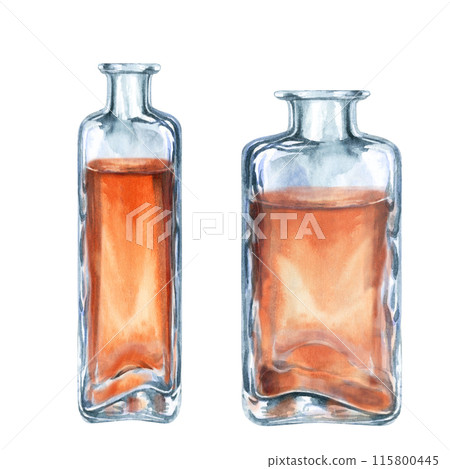Craft vintage glass bottles with brown liquid without corks. Watercolor illustration of liqueur, amaretto, perfume, aromatic oils for aromatherapy, alcohol, fantasy games, alchemy, drink, cooking Craft vintage glass bottles with brown liquid without corks. Watercolor illustration of liqueur, amaretto, perfume, aromatic oils for aromatherapy, alcohol, fantasy games, alchemy, drink, cooking 115800445