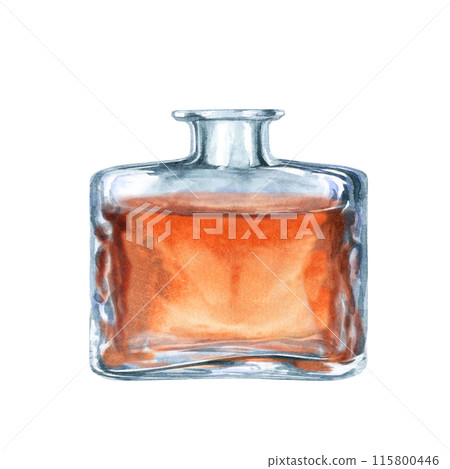 Craft vintage glass bottles with brown liquid without corks. Watercolor illustration of liqueur, amaretto, perfume, aromatic oils for aromatherapy, alcohol, fantasy games, alchemy, drink, cooking Craft vintage glass bottles with brown liquid without corks. Watercolor illustration of liqueur, amaretto, perfume, aromatic oils for aromatherapy, alcohol, fantasy games, alchemy, drink, cooking 115800446