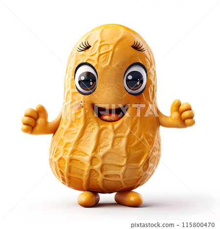 Funny cute peanut nut with hands and eyes, 3d illustration on a white background, for advertising and design of packaging 115800470